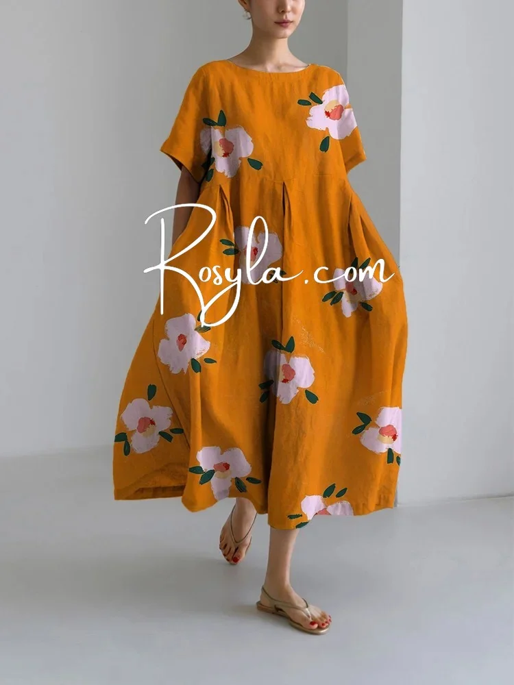 Women's Cute Flower Loose Round Neck Medium Length Skirt Dress