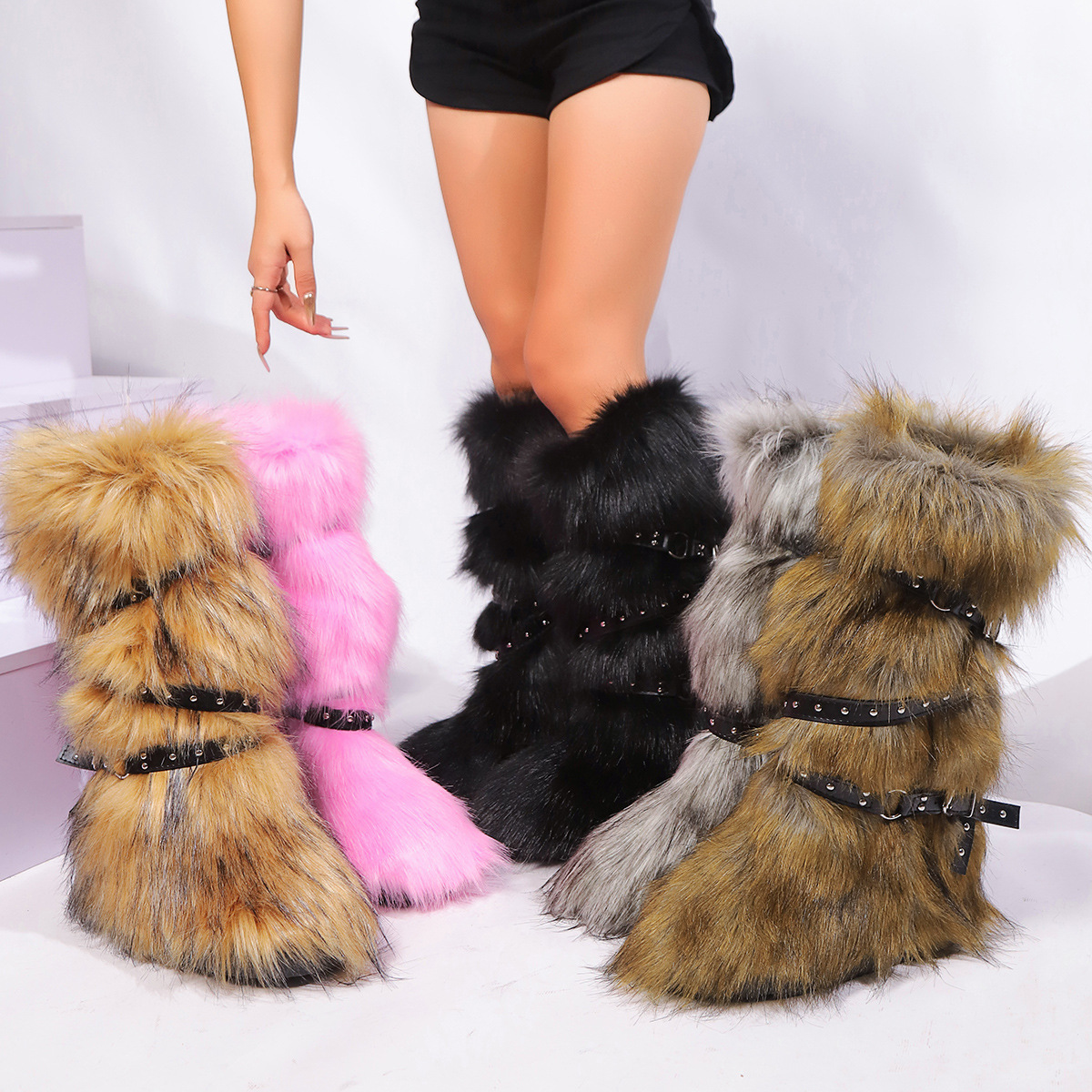 European and American Cross-border Y2K Spice Girls Sexy High Barrel Snow Boots 2024 New Cross Belt Buckle Fur Hair Boots-MERUMOTE