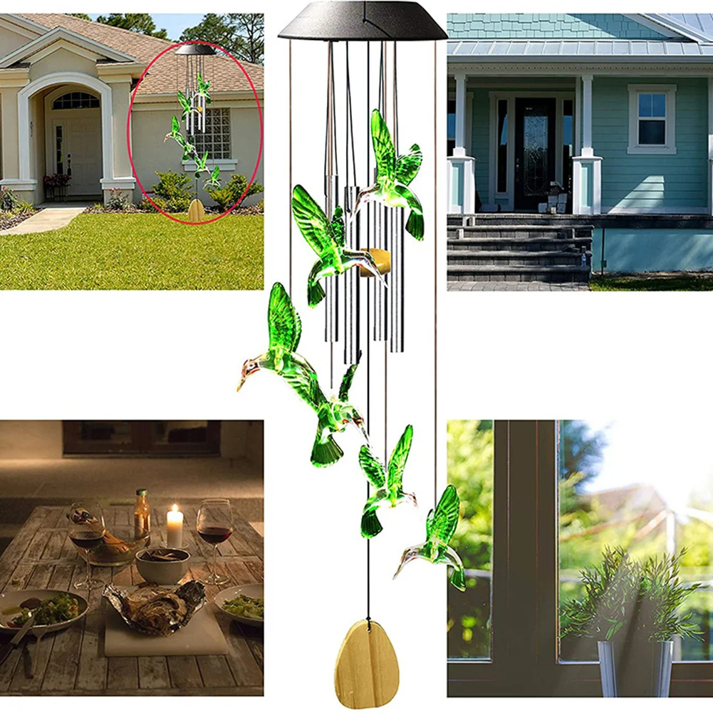 Colorful LED Solar Light Outdoor Wind Chime Hummingbird Pendant Lamps (A)