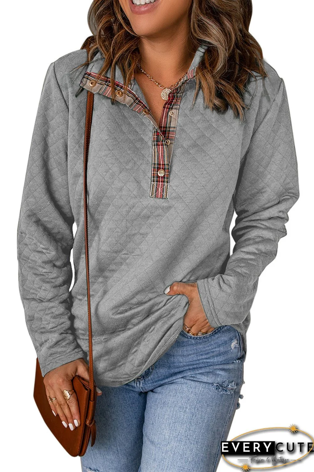 Gray Geometric Texture Plaid Trim Sweatshirt