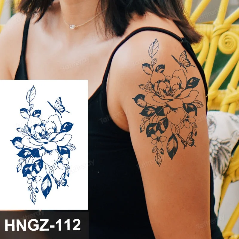 Juice Ink Tattoo Flower Rose Leaf Waterproof Temporary Bird Snake Sexy Body Arm Leg Henna Tattoo Fashion Big Fake Sleeve Sticker
