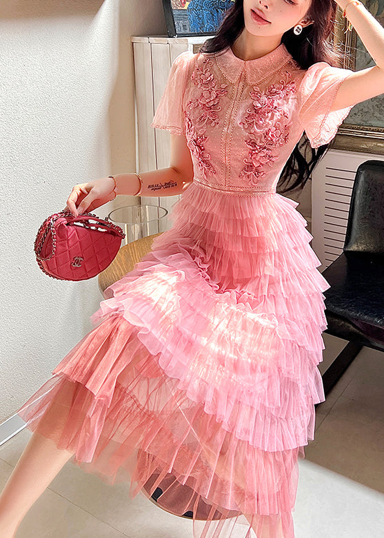 VCSHOES Pink Embroidered Ruffled Patchwork Tulle Dresses Summer