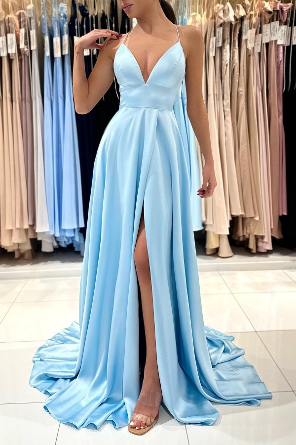 Dresseswow Sky Blue Spaghetti-Straps V-Neck A-line Prom Dress With Split