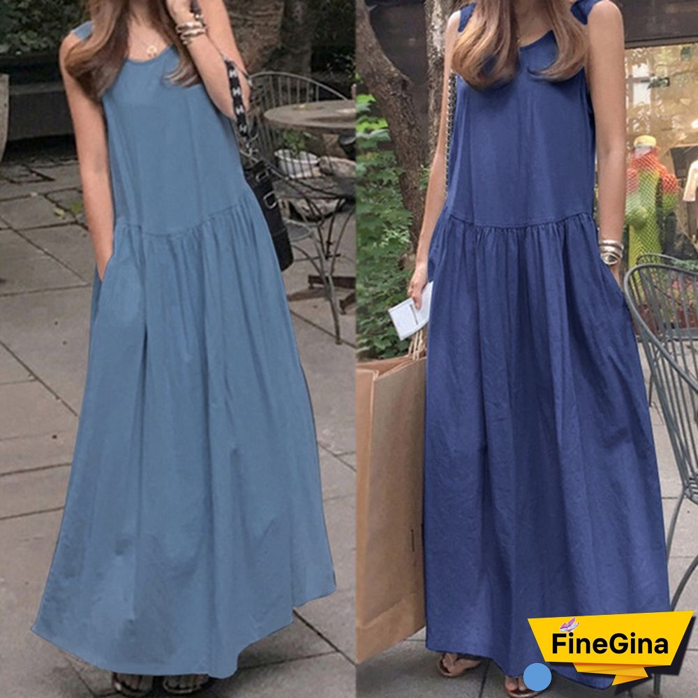 Women Sleeveless Casual Party Holiday Long Shirt Dress O Neck Denim Tank Maxi Sundress