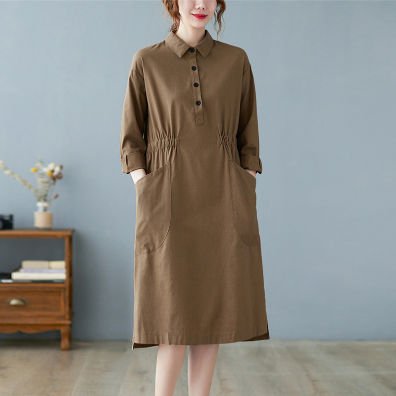 2021 New Arrival Korea Style Cotton Linen Pockets Fashion Blouse Dress Women Casual Spring Autumn Dress Office Lady Work Dress