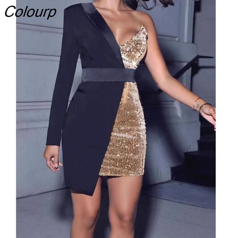 Colourp Quality Red Silver Night One Sleeved Sequin Crepe Tuxedo Blazer Dress Vesdioes