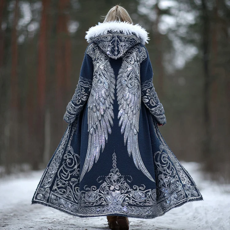 Women's Viking Celtic Sky Wing Art Knit Cozy Fur Collar Hooded Cardigan