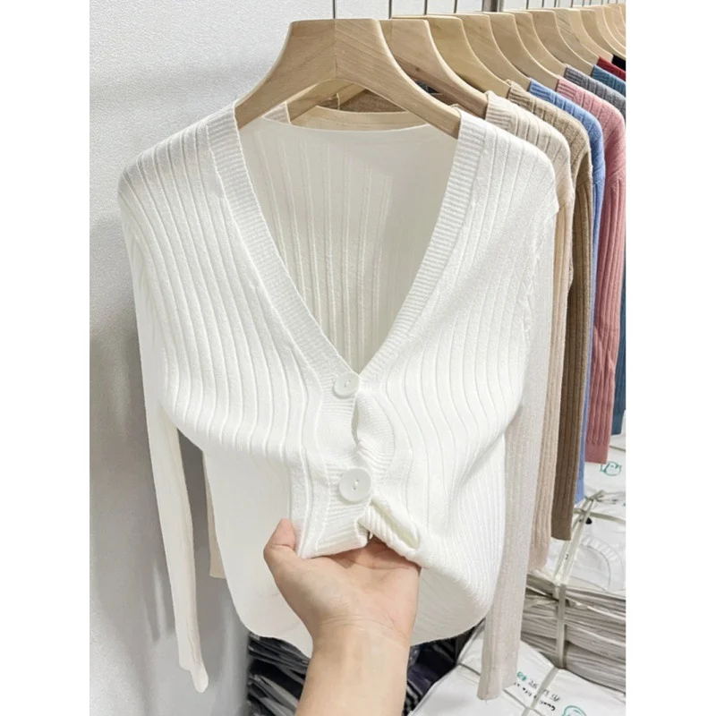 Uveng Uveng Knitted V-Necked Cardigan Trend New Thin Shirt Sweater Coat Short Top Female