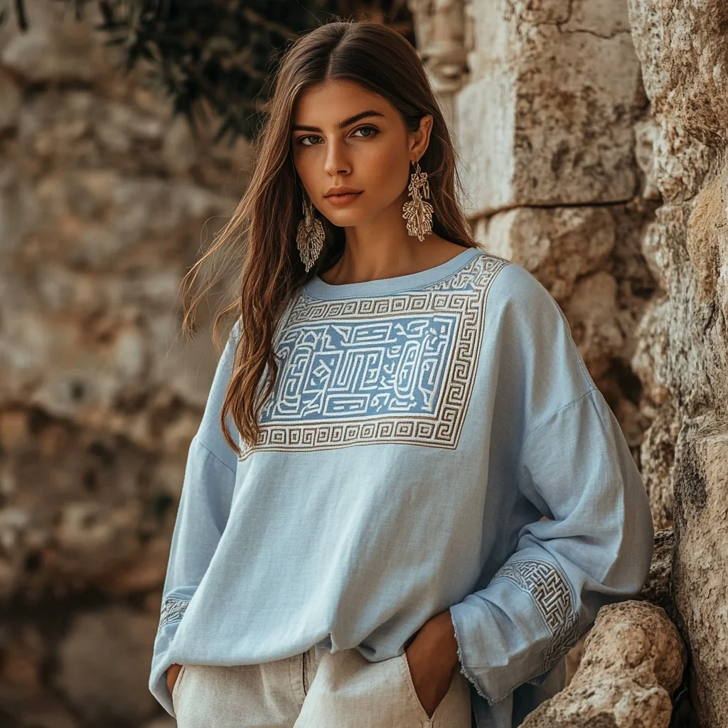 Vintage Greek Key Motif Patchwork Cotton Linen Long Sleeves Shirt