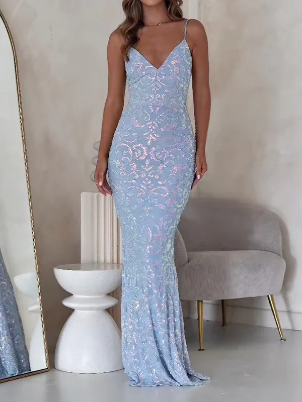 Sequinned flower Spagehtti-Neck Evening Maxi Dresses