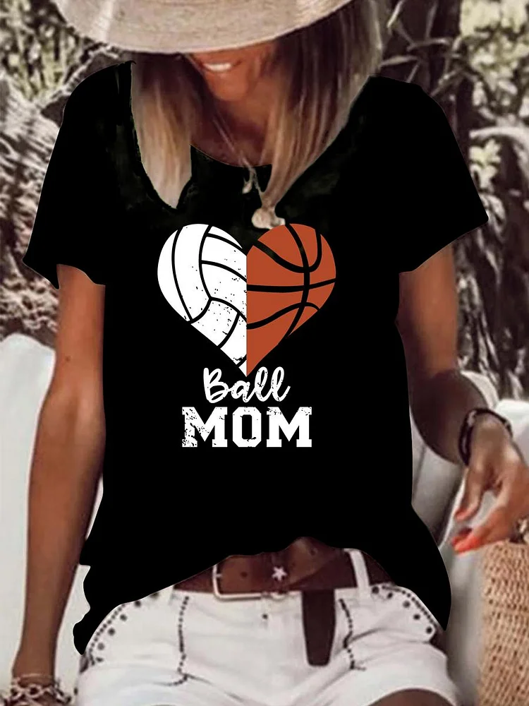 Ball Mom Heart Volleyball Basketball Mom Raw Hem Tee-Annaletters