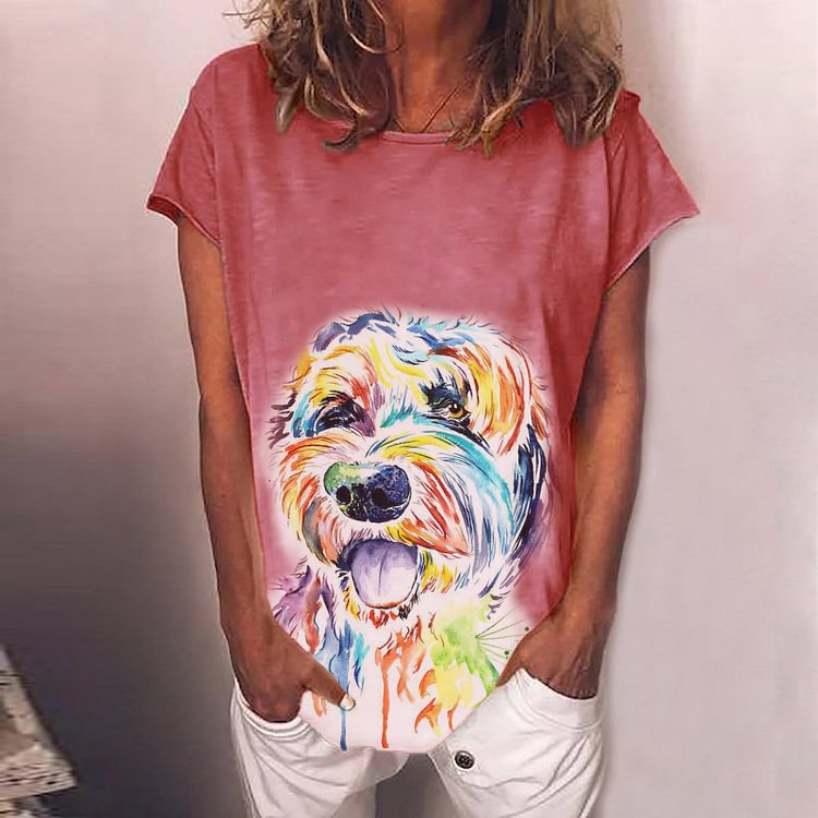 Crew Neck Short Sleeve Colorful Dog Print T-Shirt