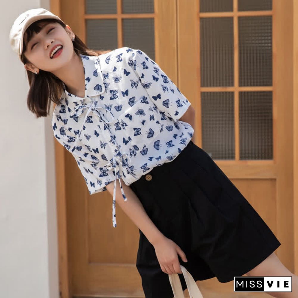 Vintage Butterfly Print Pocket Lace Up Loose Polo Shirt