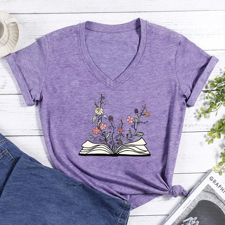 Flowers growing from book V-neck T Shirt