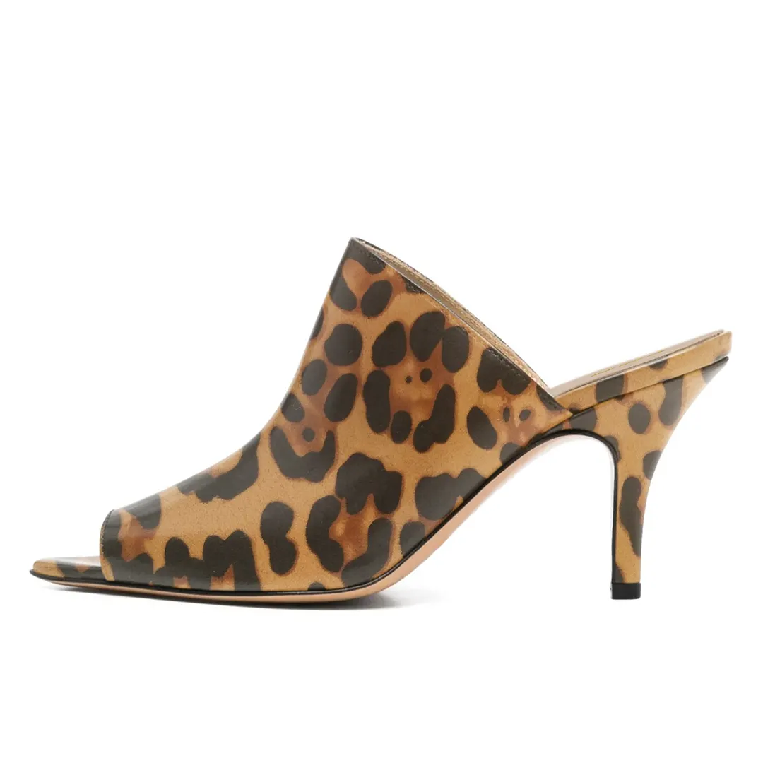 Brown & Black Faux Leather Peep Toe High Heel Mules with Leopard Print