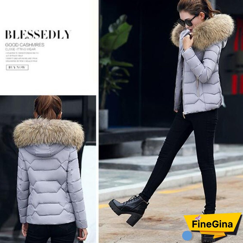 Women Autumn Winter New Fashion Short Coat Cotton-padded Jacket Large Size Hooded Jacket Warm Cotton Female Fur Collar Hoody Parka XS-XXXL