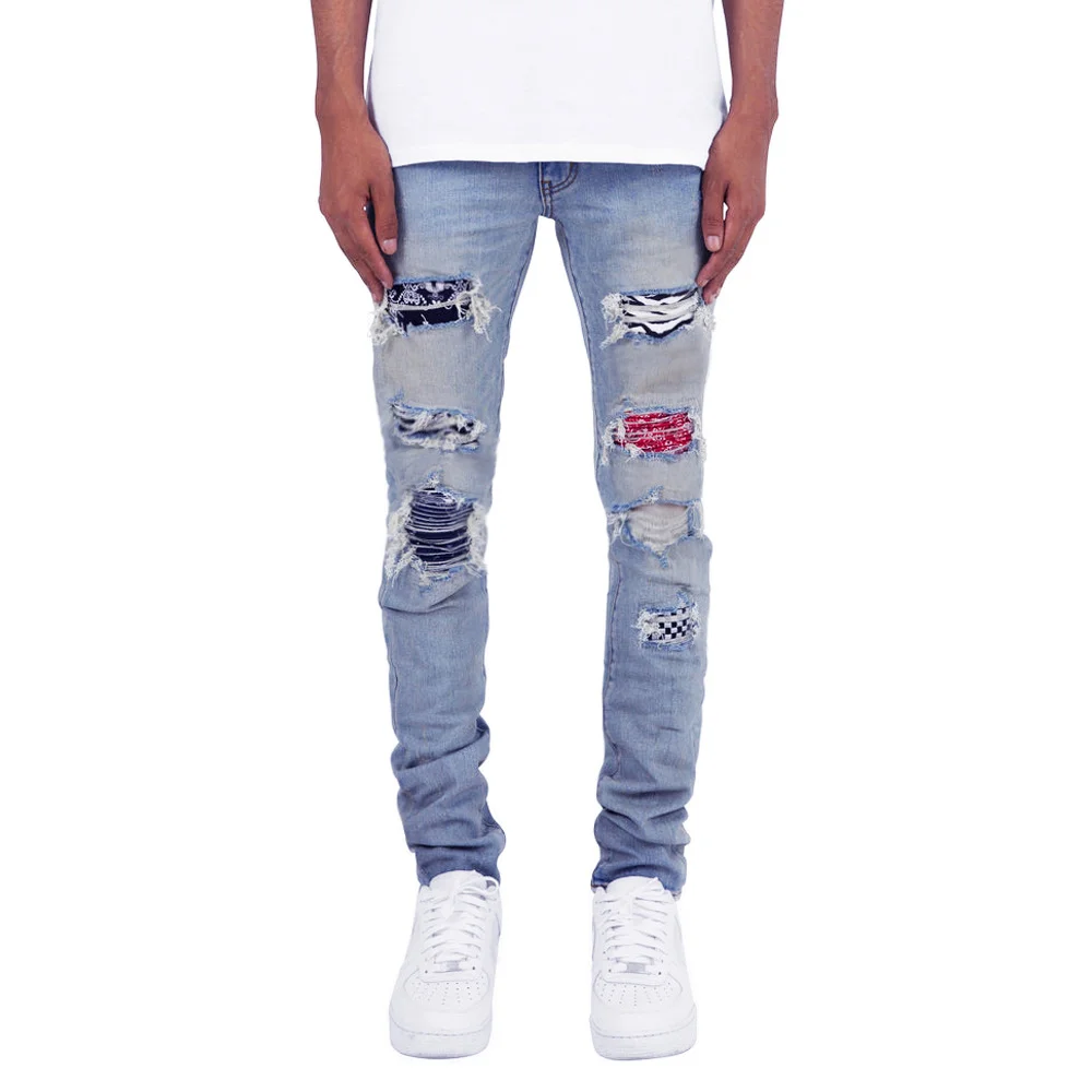 Men's Cashew Flower Light Blue Skinny Elastic Ripped Patch High Street Skinny Jeans