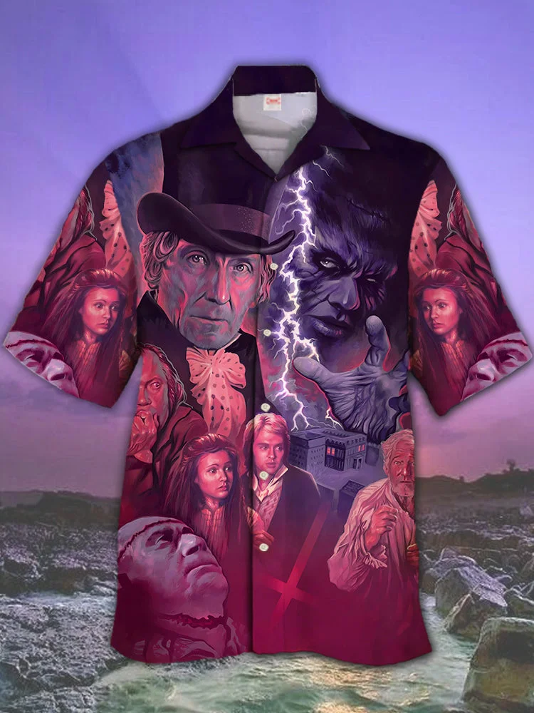 Eye-Catching Horror Art Gradient Purple Monster Characters Printing Cuban Collar Hawaiian Short Sleeve Shirt BestDVibe