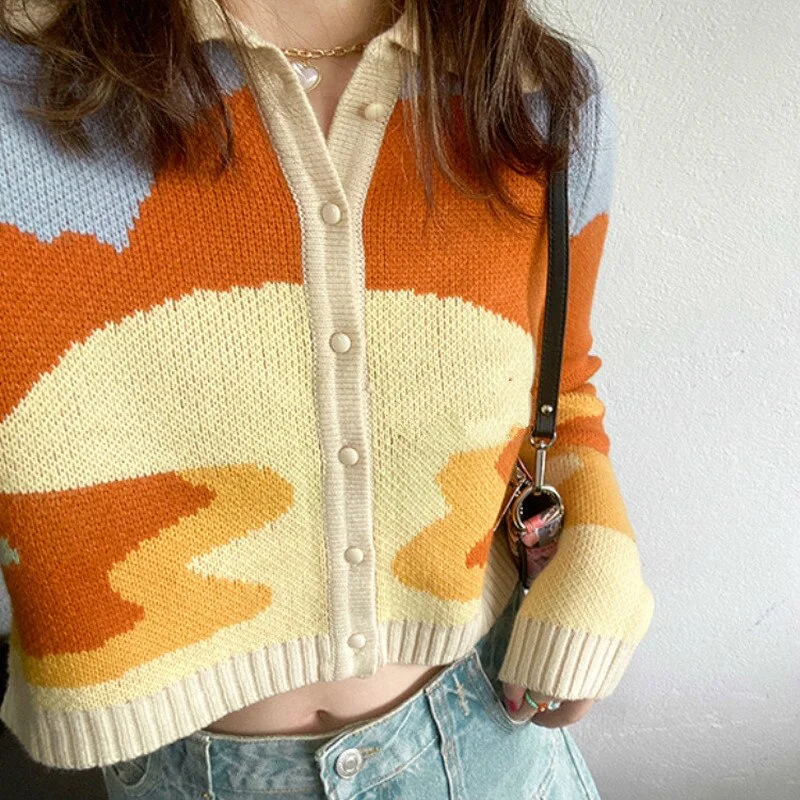 Women Autumn Vintage French Style Sunshine Print Short Knitted Sweater Chic Lady Fashion Single Breasted Loose Cardigans Femme