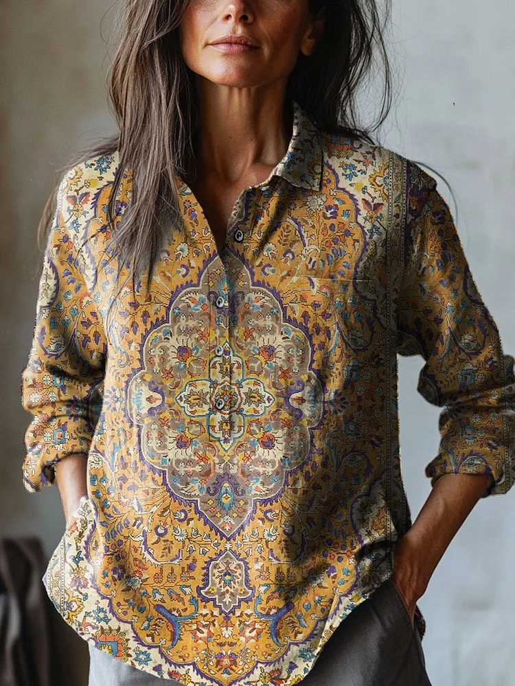 Women's Vintage Lovely Floral Art Print Casual Cotton And Linen Shirt