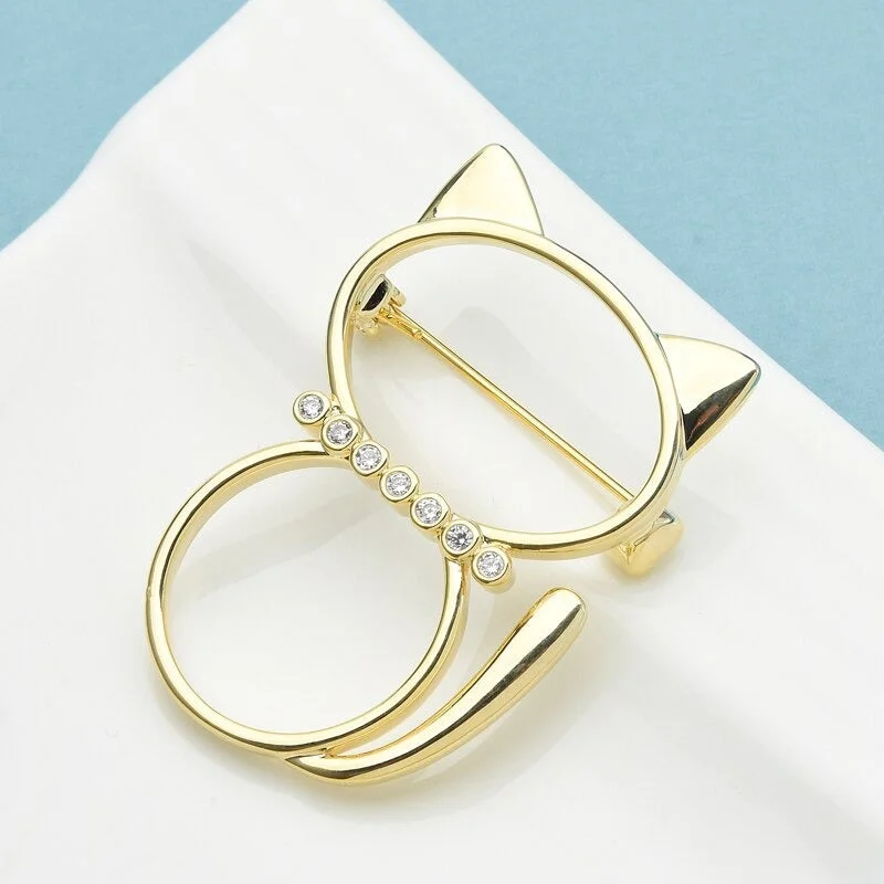 Hollow Out Zircon Accented Cat Shape Brooch Pins