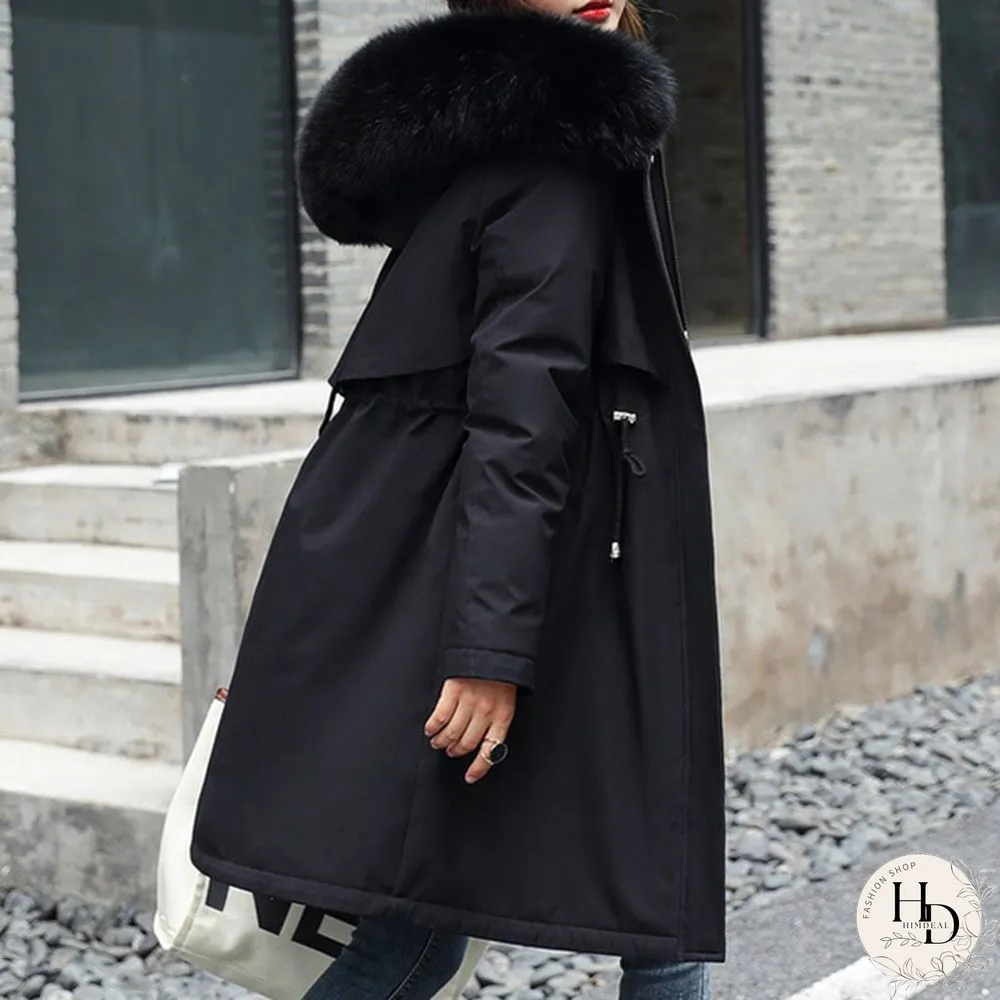 New cotton liner parker parka fashion adjustable waist fur collar winter jacket women