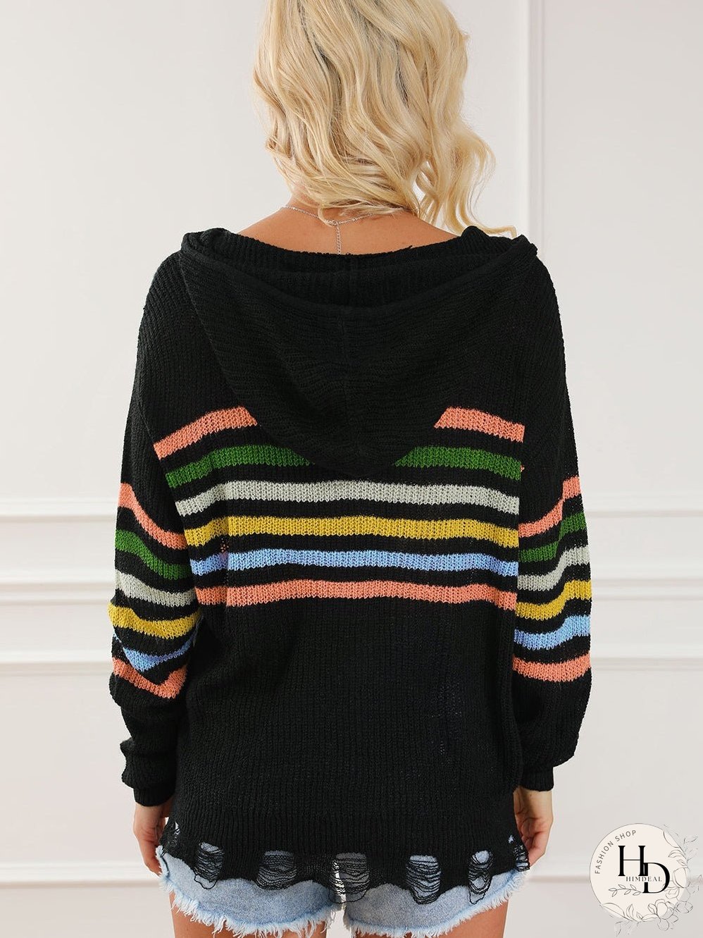 Rainbow Striped Hooded Sweater Cardigan