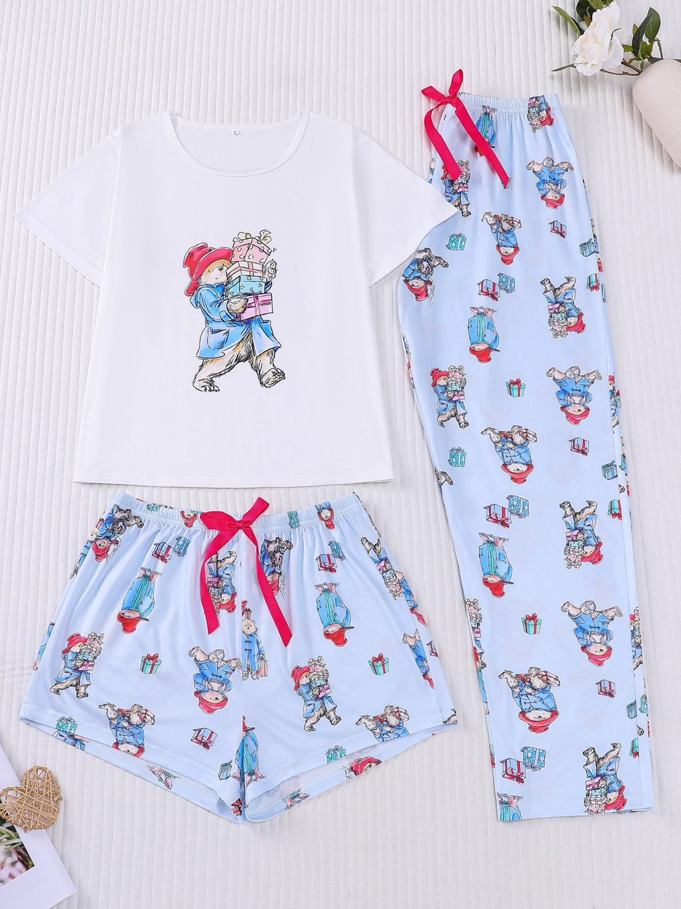 3-Piece Casual Women Pjs Pajama Set with Padding Bear Print, Short Sleeve Button-Up Top and Loose Shorts and Long Pants, Stylish Comfortable Sleepwear & Loungewear for Everyday and Holiday