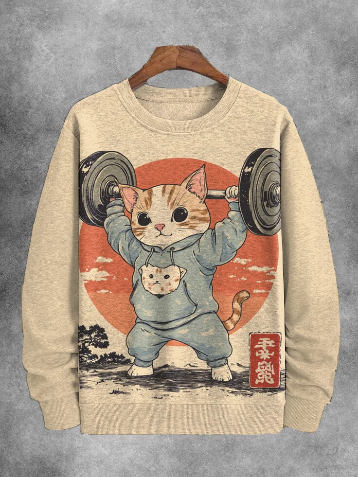 Men's Cat Weightlifter Japanese Art Print Casual Sweatshirt