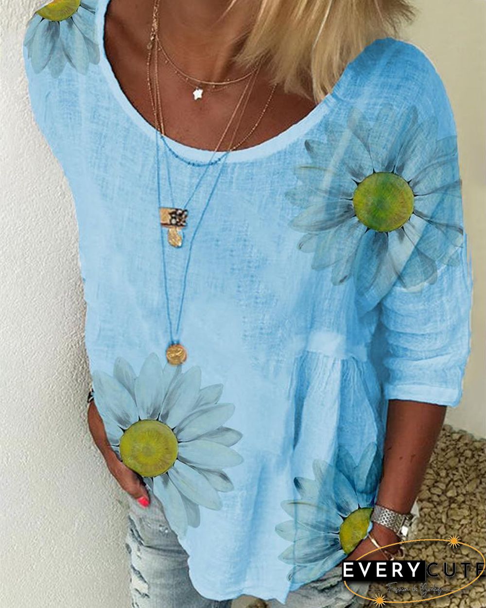 Daisy Print Short Sleeve Casual T-shirt P11198