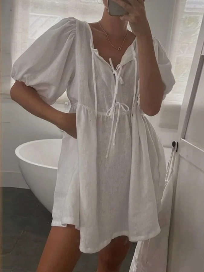 Women's Casual Solid Color Puff Sleeve Lace-up Cotton and Linen Dress