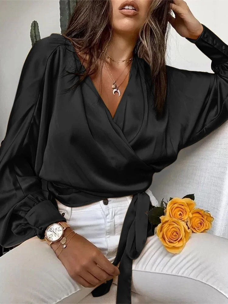 2021 Celmia Women Satin Blouses Elegant Long Bat Sleeve Cross V Neck Bandage Waisted Tops Autumn Fashion Haut Style Wrap Shirts