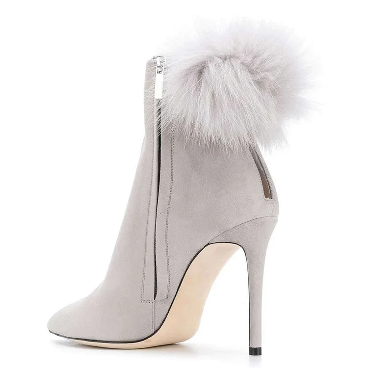 Grey Pom Pom Stiletto Ankle Boots in Suede Vdcoo