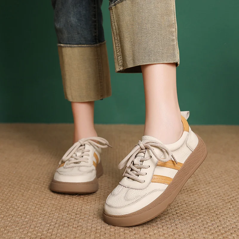 Yyvonne Layer Cowhide Flat-Soled Single-Shoe Women 2025 Spring New Passion Casual Descun Shoes Round Head Lace Board Shoes