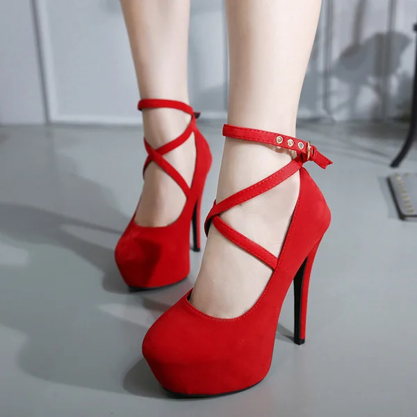 Coral Red Ankle Strap Stiletto Pumps with Buckle Vdcoo