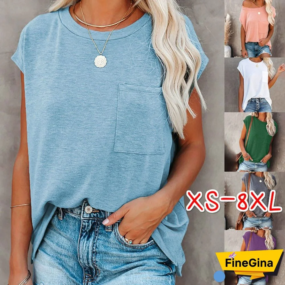XS-5XL Summer Tops Plus Size Fashion Clothes Women's Casual Short Sleeve Tee Shirts Pure Color Loose T-shirts Ladies Blouses Off Shoulder Round Neck Cotton T-shirts