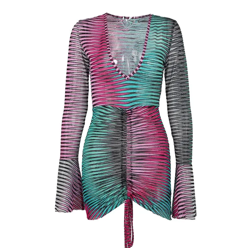 Hawthaw Women Autumn Long Sleeve V Neck Printed Bodycon Gradient Sexy Mini Dress 2021 Fall Clothes Wholesale Items Dropshipping