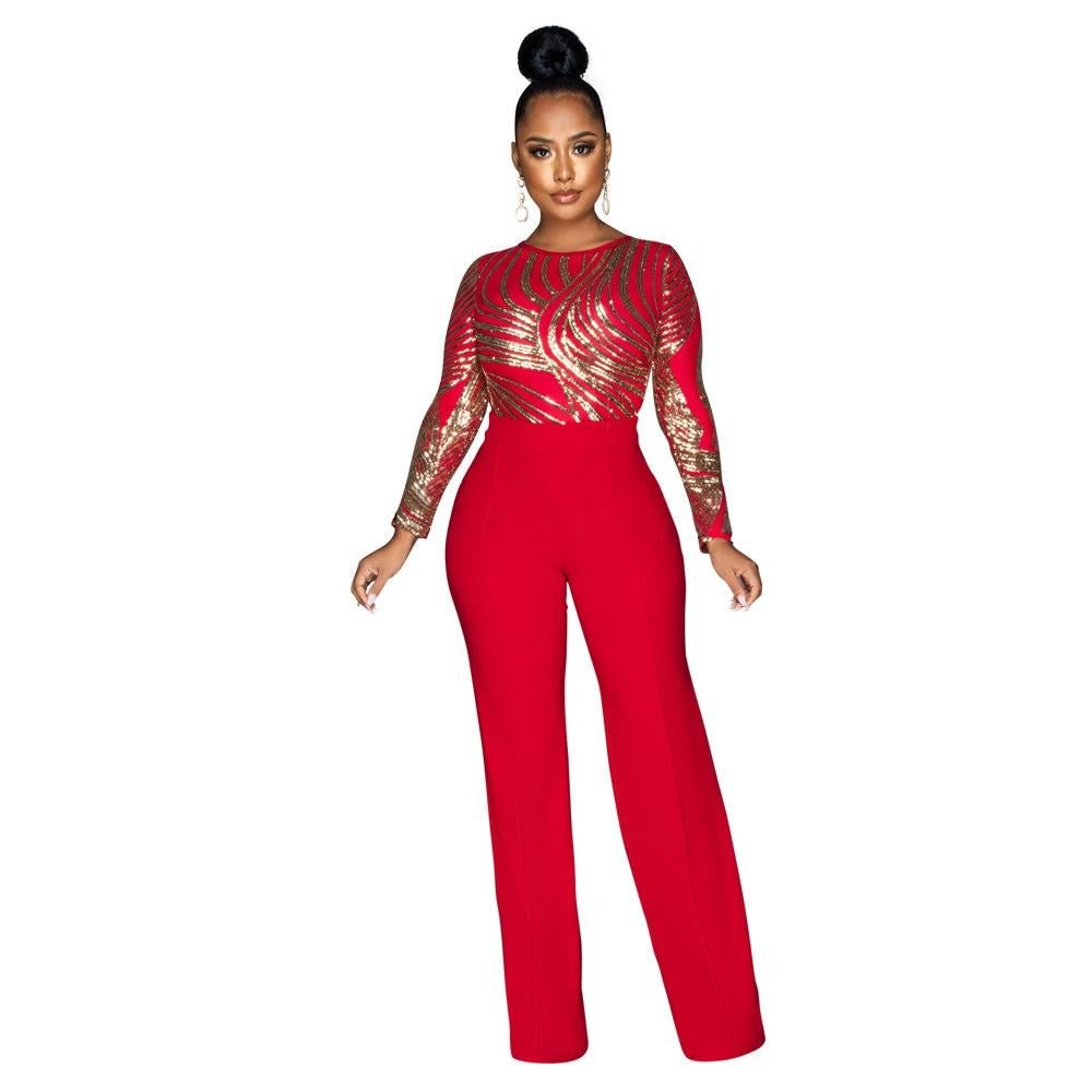 Crew neck long sleeves printed jumpsuit-zachics