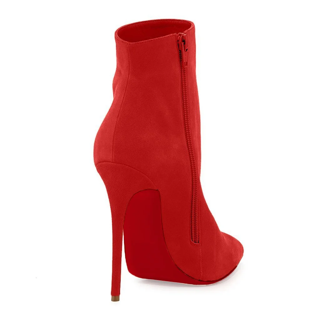 4.72" Red Bottom Women's Ankle Boots Closed Pointed Toe Stilettos Suede Booties-MERUMOTE