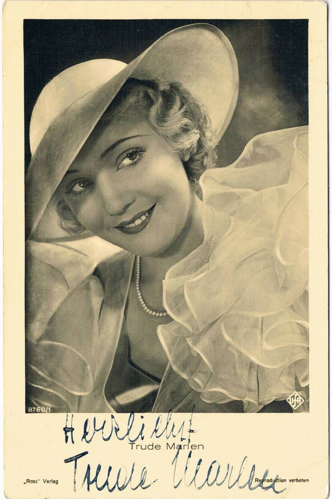 Trude Marlen 1912-2005 autograph signed postcard Photo Poster painting 3.5x5.5