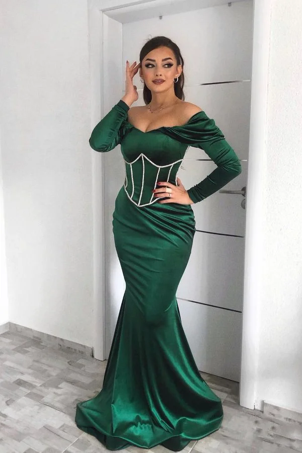 Prom Dress Off-The-Shoulder Dark Green Long Sleeves Mermaid ED0618