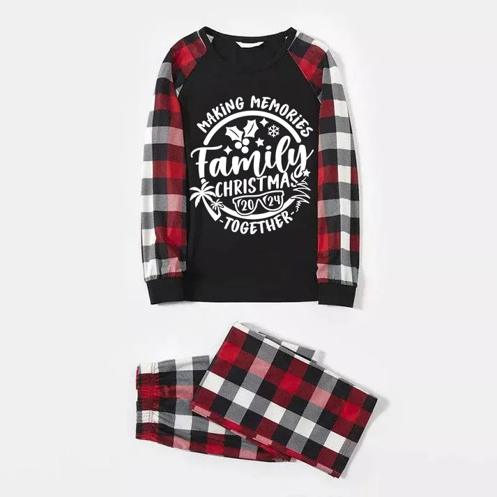 Christmas Make Memories Together 2024 Print Red & Black & Grey & White Plaid Family Matching Pajamas With Dog
