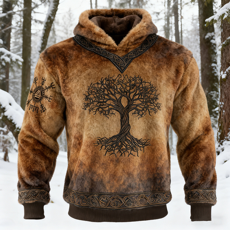 Men's Viking Tree Of Life Art Flannel Cozy Warm Hoodie elevenforest