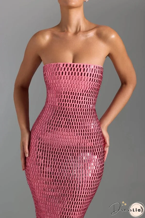 Flash Sculpture Rhinestone Embellished Bandeau Slit Stretch Maxi Dress