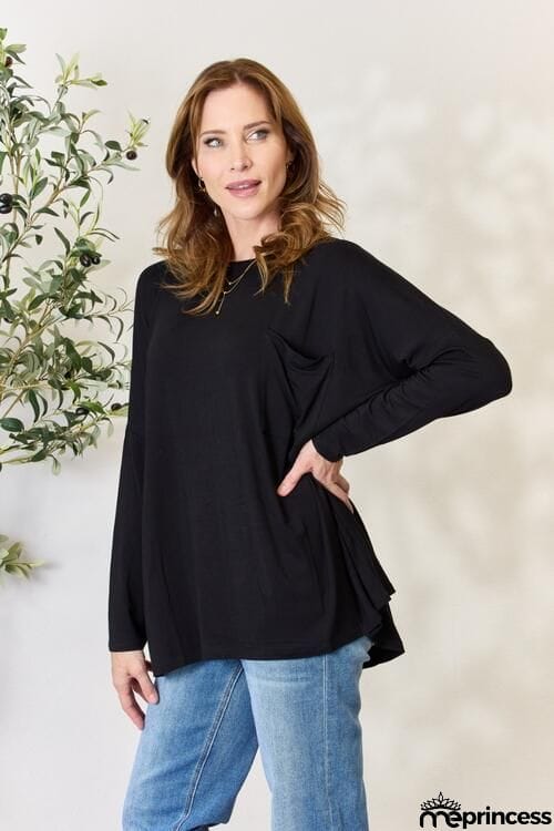 Zenana Full Size Round Neck Long Sleeve Top with Pocket