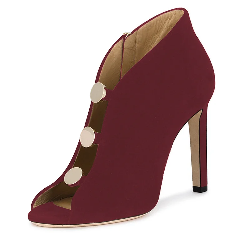 Burgundy Studs Stiletto Heel Peep Toe Booties |FSJ Shoes