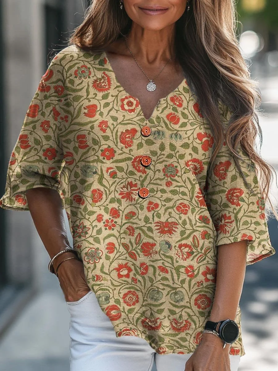 Women's Vintage Lovely Floral Art Print Casual Cotton Linen V-neck Shirt