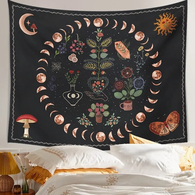 Psychedelic Moon Phase Tapestry Bohemia Flowers Plants Pattern Blanket Tapestry Bedroom Bedspread Decoration Sky Carpet