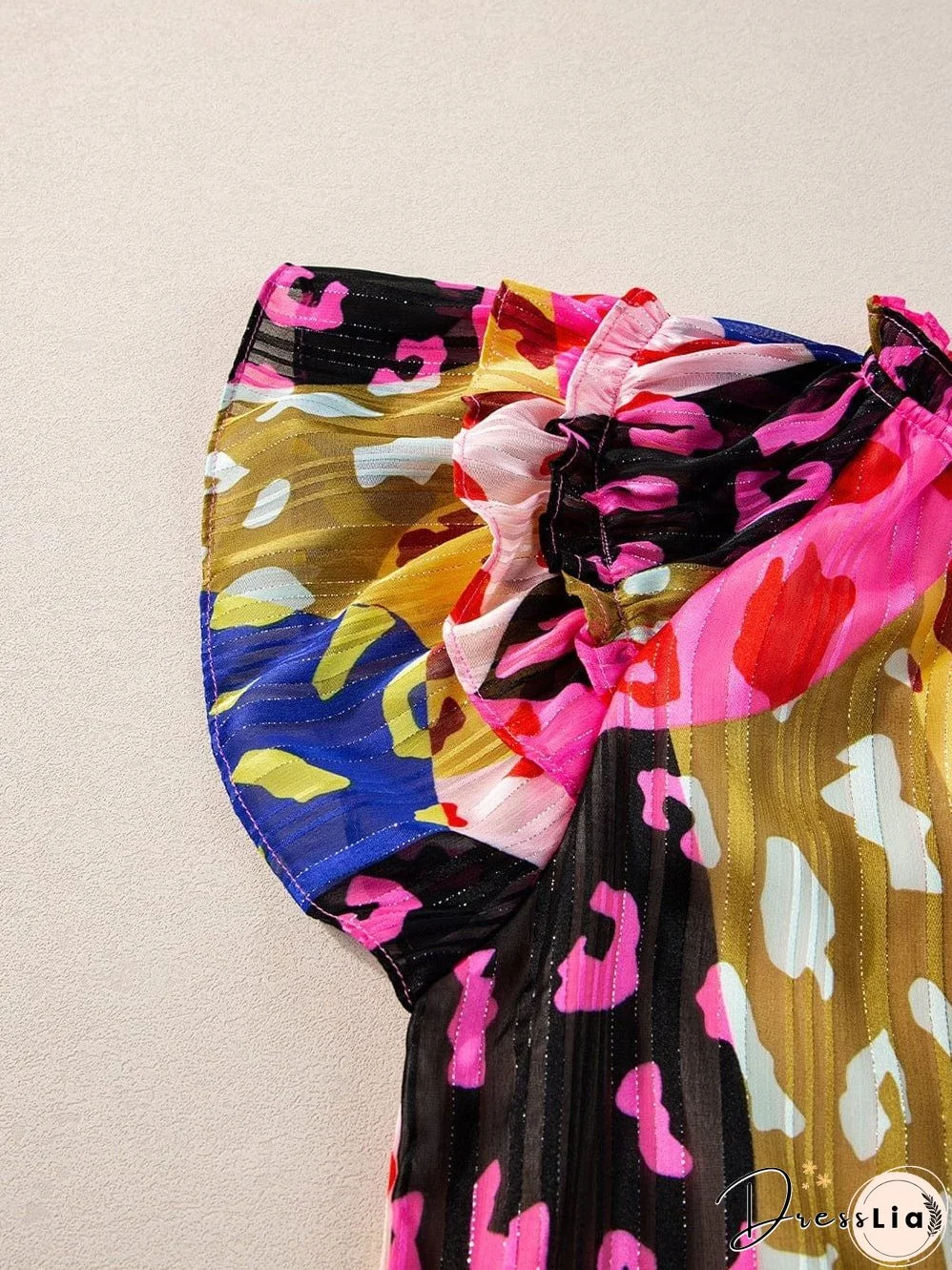 Rose Patchwork Leopard Print Ruffle Sleeve V Neck Blouse