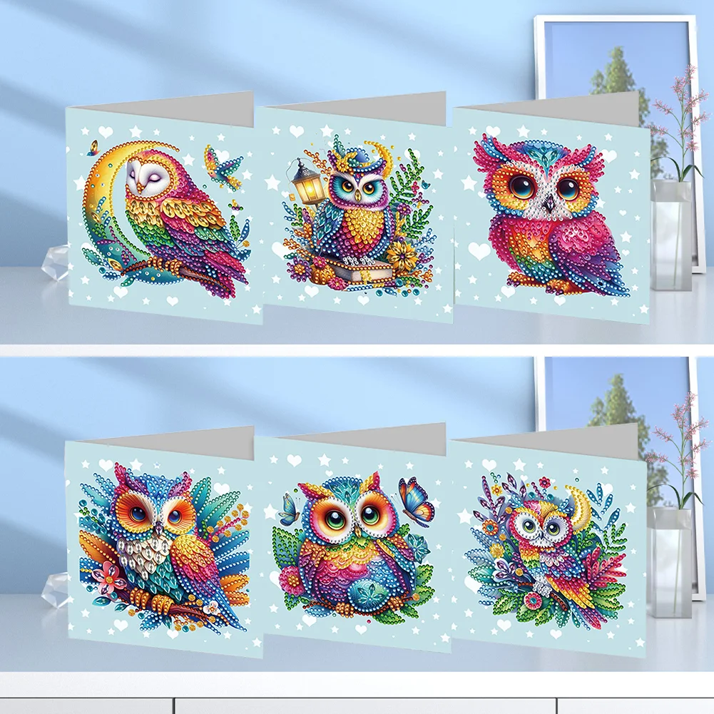 6Pcs Owl DIY Diamond Painting Greeting Card 5D Drill Painting Blessing Card Kit【With White Envelope】